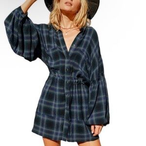NEW FREE PEOPLE WE THE FREE BY THE WAY BLUE PLAID SHIRT DRESS SZ XS